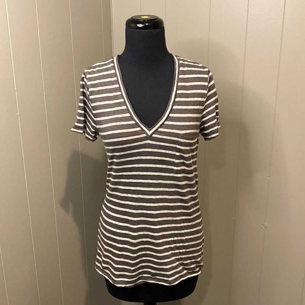 J. Crew Medium T Shirt Gray White Striped Short Sleeve V Neck 100% Linen